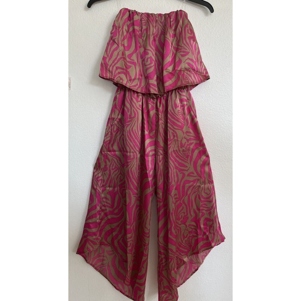 Tyche Abstract Print Womens Strapless Jumpsuit Large Pink Tan Off-Shoulder USA